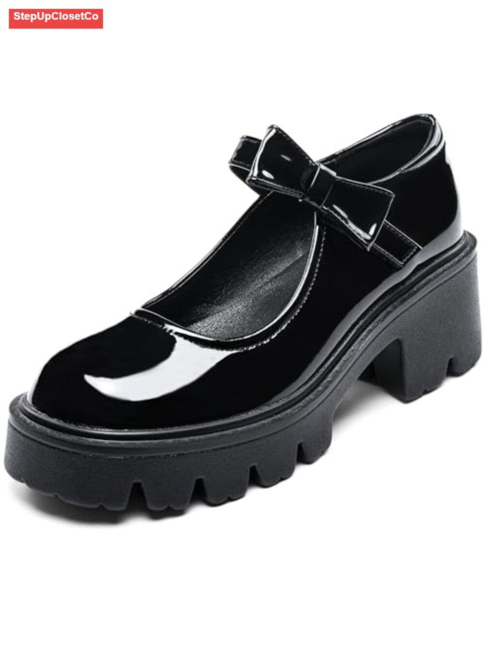 Patent Leather Mary Jane Pumps with Chunky Heel and Strap